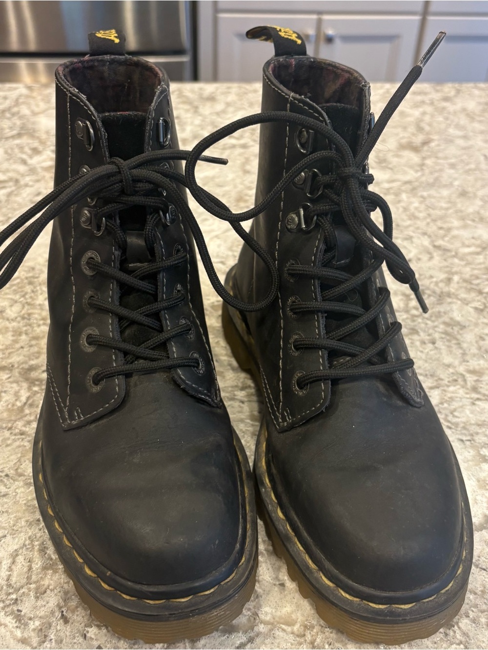 Dr. Martens Black Leather Lace-Up Ankle Boots with Yellow Stitching